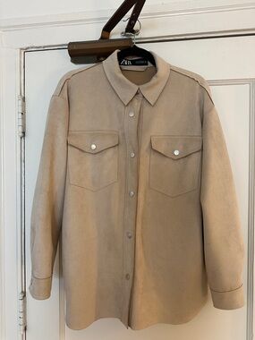 ZARA Taupe Suede-Look Button Shirt Jacket